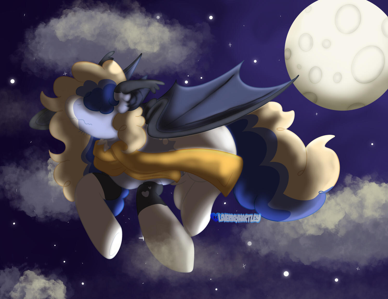 "Night Flight". Character belonging to Tumblr user icedcoolatta. Procreate. July 2025.