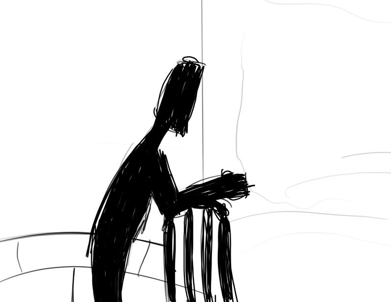 Rough sketch of pages 11-12. This illustration concept was later scrapped entirely.