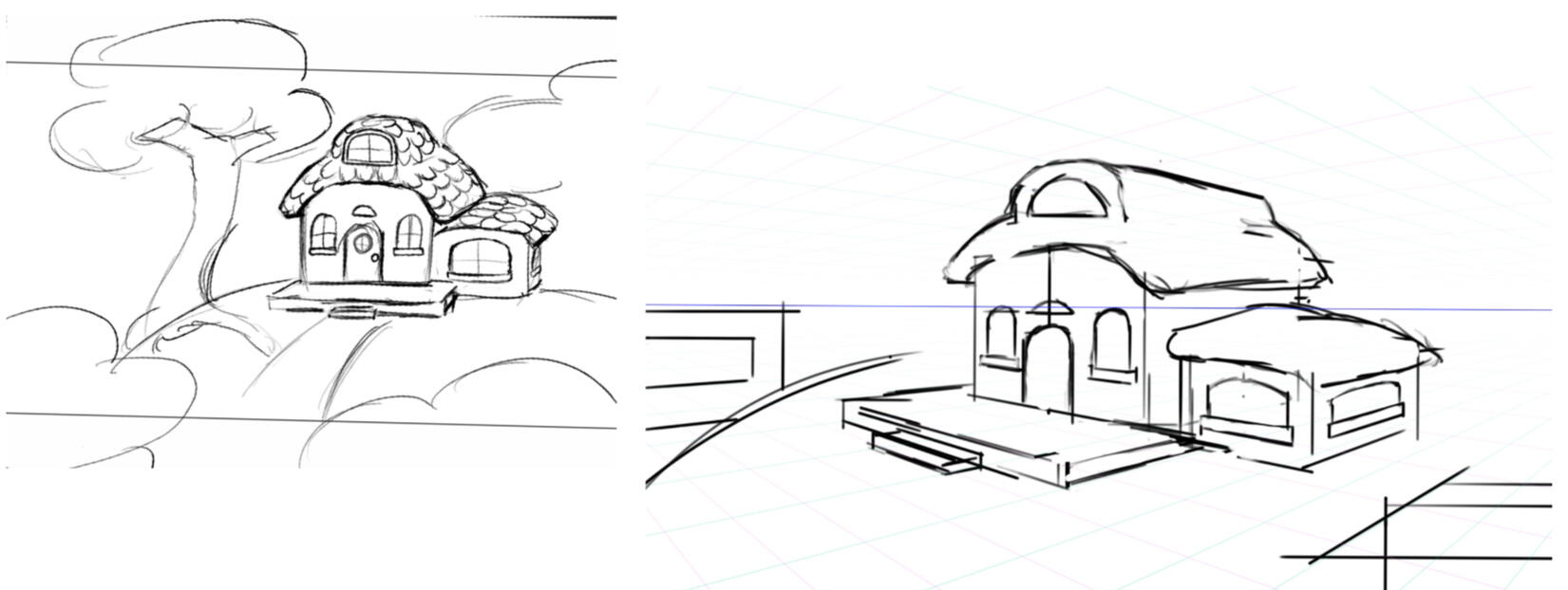 Exterior rough thumbnails, old and new version.
